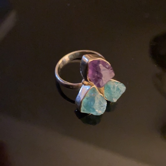 Rough cut amethyst trio, sterling silver setting. - Picture 7 of 15